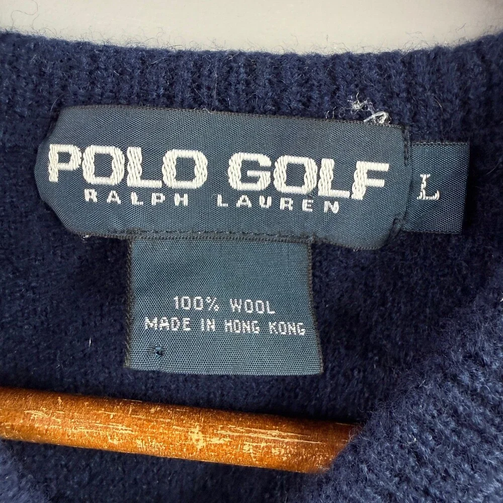 Polo Golf Ralph Lauren Sweater Vest Mens L Navy Wool Crest V Neck Vintage